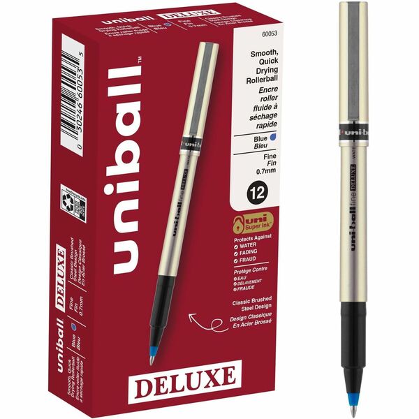 uniball Deluxe Rollerball Pens - 0.7 mm (0.03") Fine Pen Point - Blue Ink - Champagne Barrel - 1 Dozen