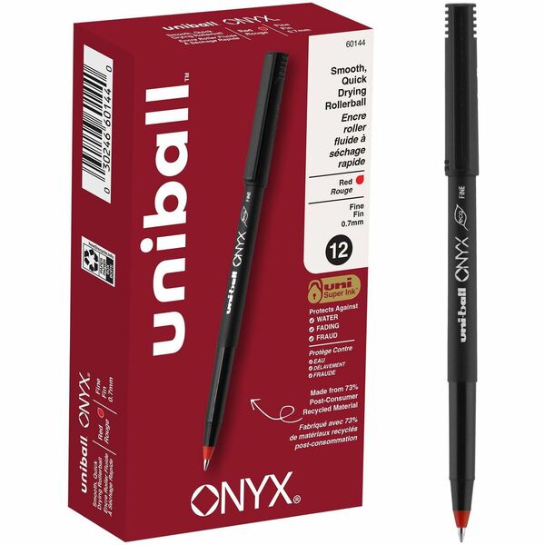 uniball&trade; Onyx Rollerball Pens - 0.7 mm (0.03") Fine Pen Point - Red Ink - Metal Tip - 1 Dozen