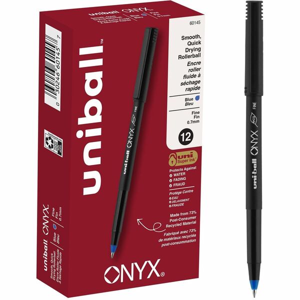 uniball&trade; Onyx Rollerball Pens - 0.7 mm (0.03") Fine Pen Point - Blue Ink - Metal Tip - 1 Dozen