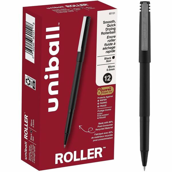 uniball Roller Rollerball Pens - 0.5 mm (0.02") Micro Pen Point - Black Ink - Water Based - Black Stainless Steel Barrel - 1 Each