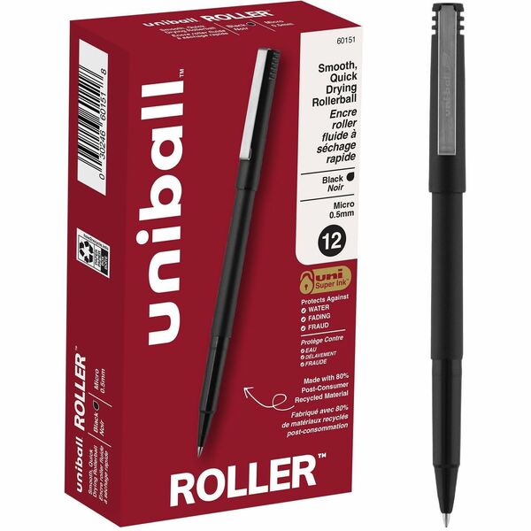 uniball&trade; Roller Rollerball Pen - 0.5 mm (0.02") Micro Pen Point - Black Ink - Water Based - Black Stainless Steel Barrel - 1 Each