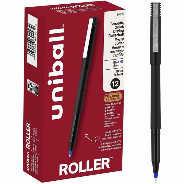 uniball Roller Rollerball Pens - 0.5 mm (0.02") Micro Pen Point - Blue Ink - Water Based - Black Stainless Steel Barrel - 1 Dozen