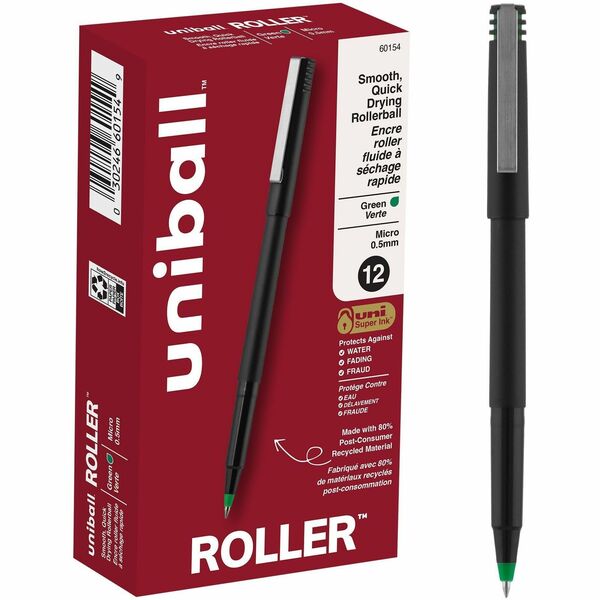 uniball&trade; Roller Rollerball Pen - 0.5 mm (0.02") Micro Pen Point - Green Ink - Black Stainless Steel Barrel - 1 Dozen