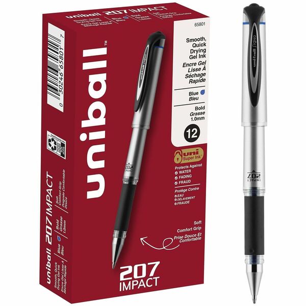 uniball 207 Impact Gel Pens - 1 mm (0.04") Bold Pen Point - Refillable - Blue Ink - Gel-based - Silver Barrel - 1 Dozen