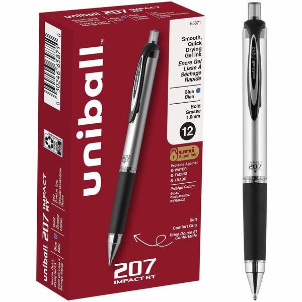 uniball&trade; 207 Impact RT Gel Pen - 1 mm (0.04") Bold Pen Point - Refillable - Retractable - Blue Ink - Gel-based - Gray, Silver Barrel - 1 Each