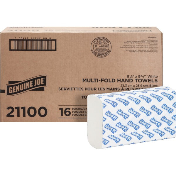 Genuine Joe Paper Towel Multi fold 250 sheets White - 1 Ply - Multifold - 9.20" (233.68 mm) Width x 9.40" (238.76 mm) Length - embossed design - White - Paper, Fiber - 250 Sheets/Pack - 16 / Carton
