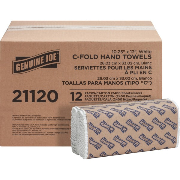 Genuine Joe Paper Towel C-fold 200 sheets White - 1 Ply - C-fold - 13" (330.20 mm) Width x 10" (254 mm) Length - embossed design - White - Fiber, Paper - 200 Sheets/Pack - 12 / Carton