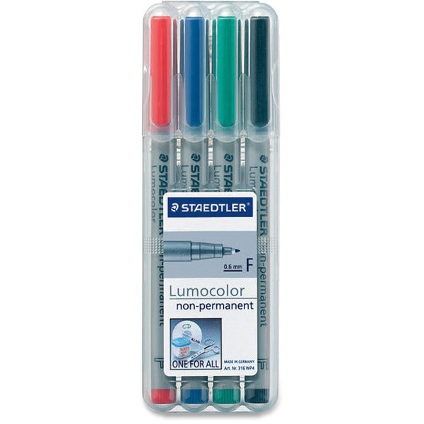 Staedtler Lumocolour Fine Point Marker Pens - 0.6 mm (0.02") Fine Marker Point - Refillable - Red, Blue, Green, Black Ink - Water Based - Gray Polypropylene Barrel - 4 / Set