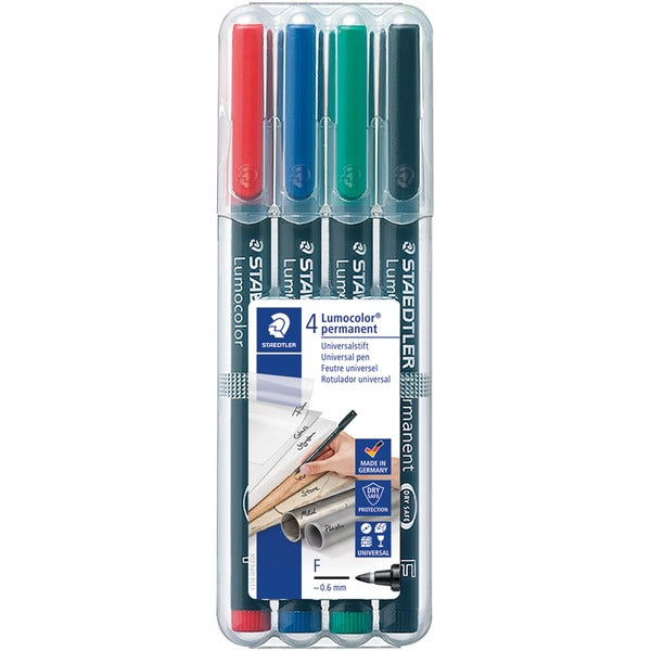 Staedtler Lumocolor Permanent Pens - 0.6 mm (0.02") Fine Marker Point - Red, Blue, Green, Black Ink - Black Polypropylene Barrel - 4 / Set