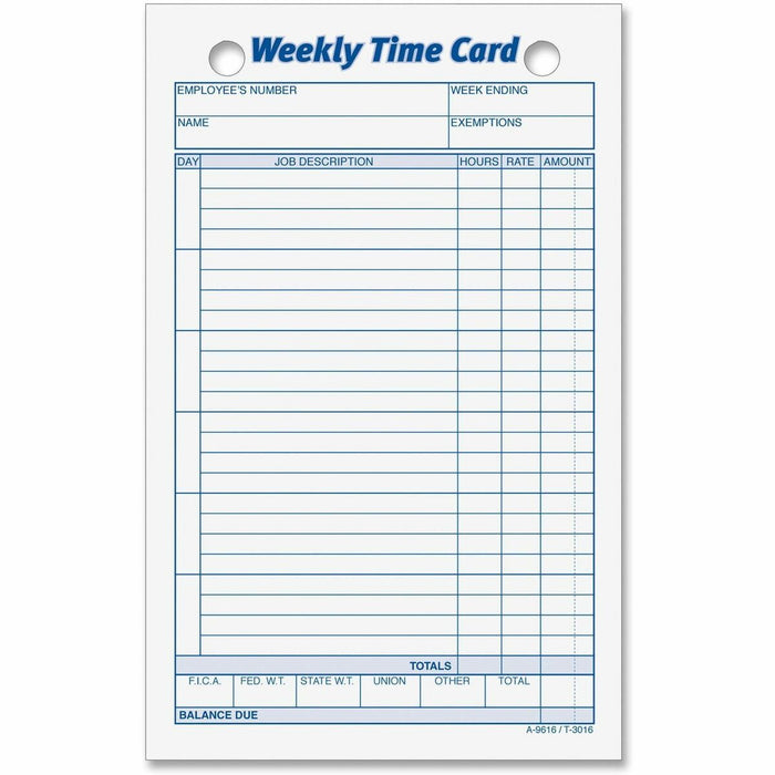 TOPS Weekly Handwritten Time Cards - Ring Binder - 4 1/4" (10.8 cm) x 6 3/4" (17.1 cm) Sheet Size - 2 x Holes - Yellow - 100 / Pack