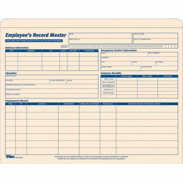 TOPS Letter Record Jacket - 8 1/2" (215.90 mm) x 11" (279.40 mm) - 1" (25.40 mm) Expansion - 10 pt. (3.52 mm) - Manila - Manila - Preprinted - 15 / Pack