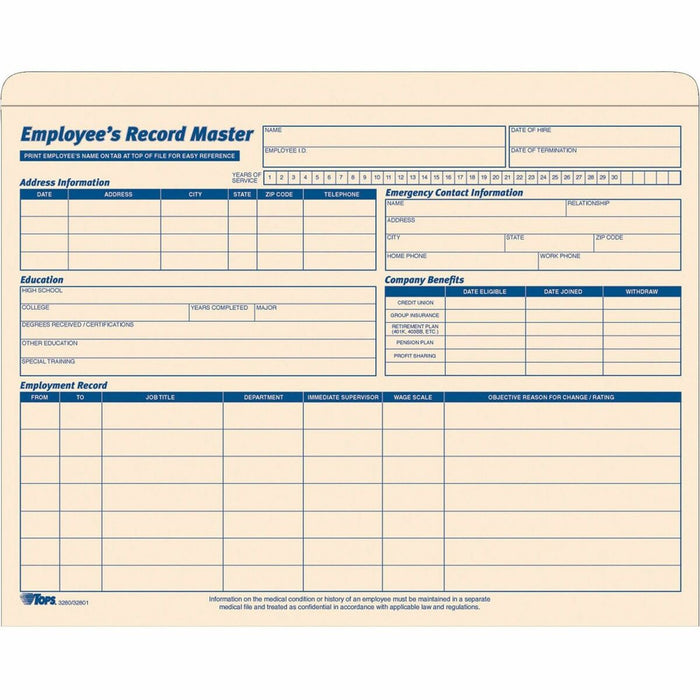 TOPS Letter No Record Jacket - 8 1/2" (215.90 mm) x 11" (279.40 mm) - 1" (25.40 mm) Expansion - 10 pt. (3.52 mm) - Manila Paper - Manila - Preprinted - 15 / Pack