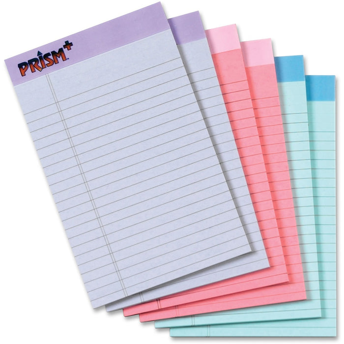 TOPS Prism Plus Legal Pads - Jr.Legal - 50 Sheets - 0.28" (7.11 mm) Ruled - 16 lb (7257.48 g) Basis Weight - Jr.Legal - 5" (12.70 cm) x 8" (20.32 cm) Sheet Size - Assorted Paper - Perforated, Hard Cover, Rigid, Easy Tear - No - 6 / Pack