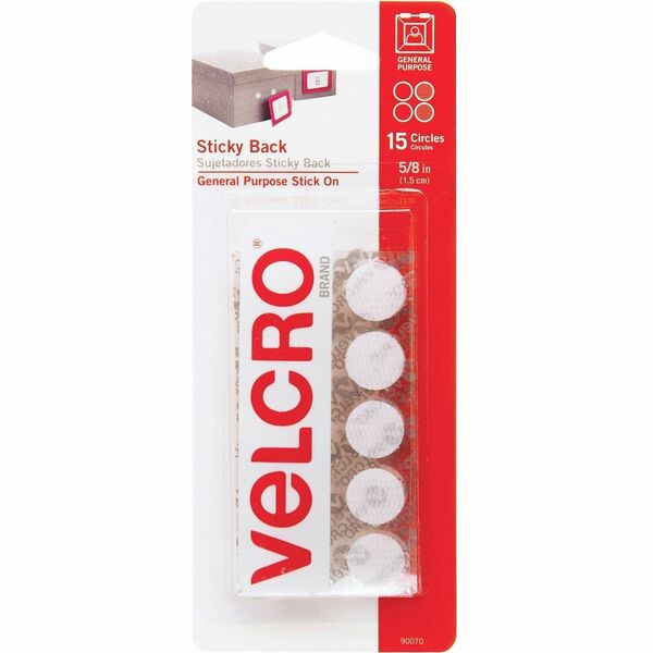 VELCRO&reg; Sticky Back 5/8in Circles White 15 Ct - 0.62" (15.7 mm) Length x 0.62" (15.7 mm) Width - White - For Glass, Plastic, Metal, Smooth Surface, Indoor, Outdoor, Home, Office, School - 1 Pack