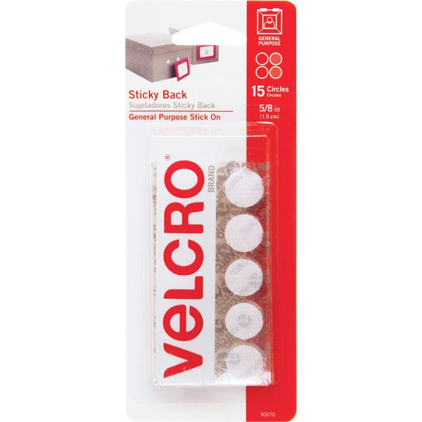 VELCRO&reg; 90070 General Purpose Sticky Back - 0.62" (15.7 mm) Length x 0.62" (15.7 mm) Width - For Glass, Plastic, Metal - 15 / Carton - White