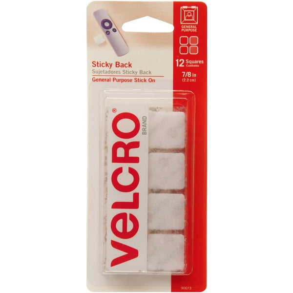 VELCRO&reg; 90073 General Purpose Sticky Back - 0.88" (22.2 mm) Length x 0.88" (22.2 mm) Width - For Tile, Multi Surface, Glass, Plastic, Metal - 12 / Pack - White