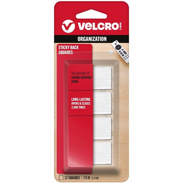 VELCRO&reg; Sticky Back 7/8in Squares White 12 ct - 0.87" (22.1 mm) Length x 0.87" (22.1 mm) Width - White - For Tile, Multi Surface, Glass, Plastic, Metal, School, Home - 12 / Pack