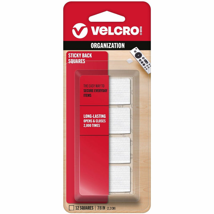 VELCRO&reg; Sticky Back 7/8in Squares White 12 ct - 0.87" (22.1 mm) Length x 0.87" (22.1 mm) Width - White - For Tile, Multi Surface, Glass, Plastic, Metal, School, Home - 1 Pack