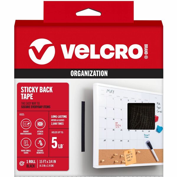 VELCRO&reg; Sticky Back 15ft x 3/4in Roll Black - 15 ft (4.6 m) Length x 0.75" (19.1 mm) Width - Black - For Mount Picture/Poster, Home, School, Wall, Glass, Plastic - 1 Roll