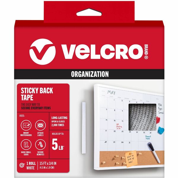 VELCRO&reg; Sticky Back 15ft x 3/4in Roll White - 15 ft (4.6 m) Length x 0.75" (19 mm) Width - White - For Mount Picture/Poster, Multi Surface, Smooth Surface, Indoor, Outdoor, Home, School, Office - 1 Roll