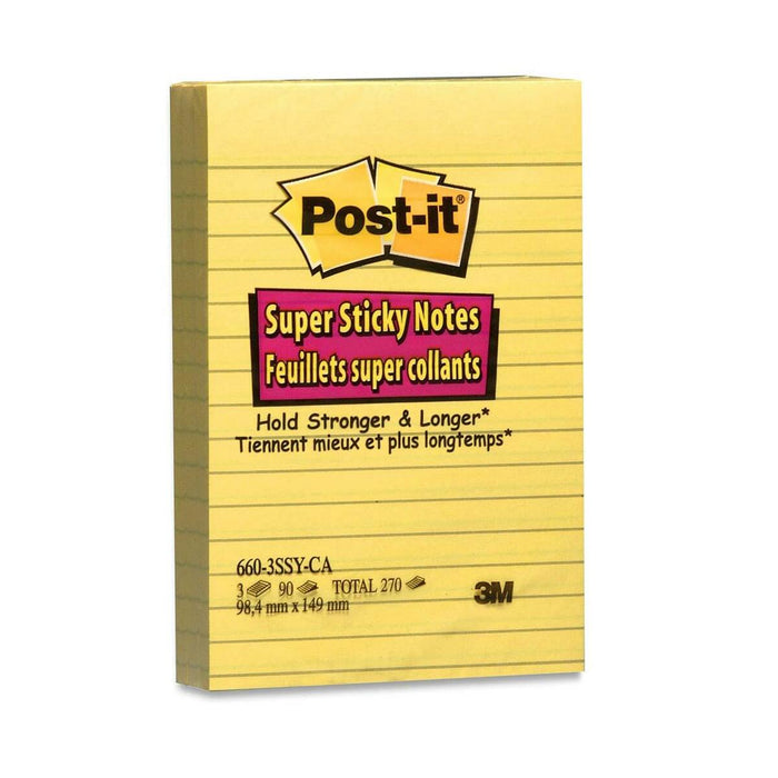 Post-it&reg; Super Sticky Ruled Adhesive Notes - 4" x 6" - Rectangle - Ruled - Canary Yellow - 3 / Pack