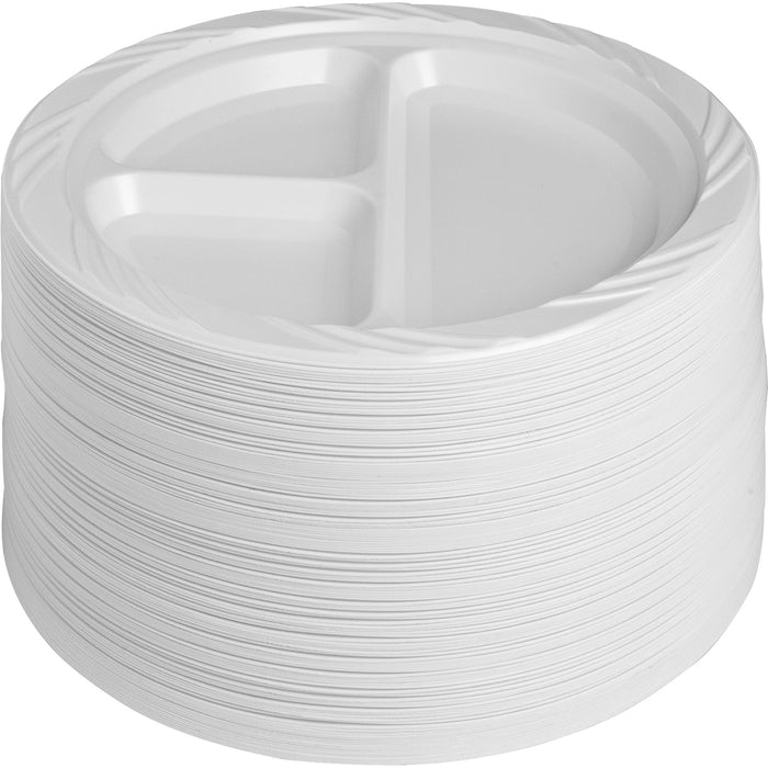 Genuine Joe 9" Round Divided Plates - Disposable - 9" (228.60 mm) Diameter - White - Plastic Body - 125 / Pack