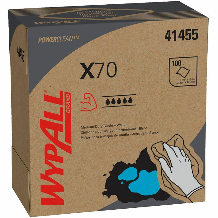 Wypall PowerClean X70 Medium Duty Cloths - Pop-Up Box - 8.3" x 16.8" - White - Hydroknit - Durable, Absorbent, Strong, Reusable, Embossed - For Multipurpose - 100 Per Box - 100 / Box