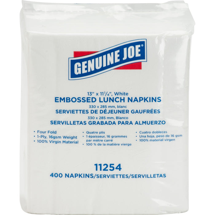 Genuine Joe 1-ply Embossed Lunch Napkins - 1 Ply - Quarter-fold - 13" x 11.3" - White - Paper - Embossed, Versatile, Soft, Disposable, Easy to Clean - For Lunch - 400 Per Pack - 400 / Pack