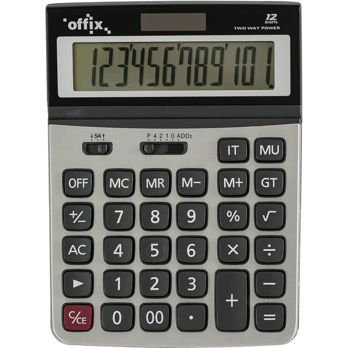 Offix Simple Calculator - Large Display, 4-Key Memory - 12 Digits - Battery/Solar Powered - Desktop - 1 Each