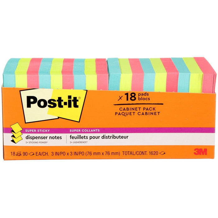 Post-it&reg; Adhesive Note - 3" x 3" - Square - 90 Sheets per Pad - Neon - Super Sticky - 18 / Pack