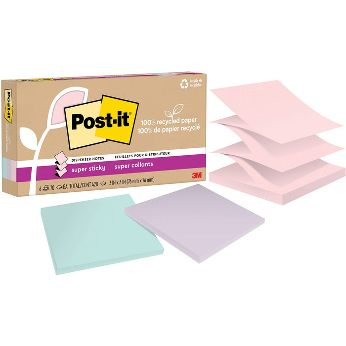 Post-it&reg; Super Sticky Adhesive Note - 3" x 3" - Square - 70 Sheets per Pad - Wanderlust Pastels - Repositionable, Recyclable, Pop-up - 6 / Pack - Recycled