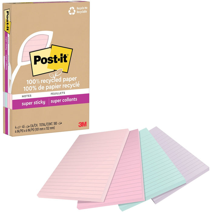 Post-it&reg; Super Sticky Adhesive Note - 4" x 6" - Rectangle - 45 Sheets per Pad - Ruled - Wanderlust Pastels - Repositionable, Recyclable - 4 / Pack - Recycled