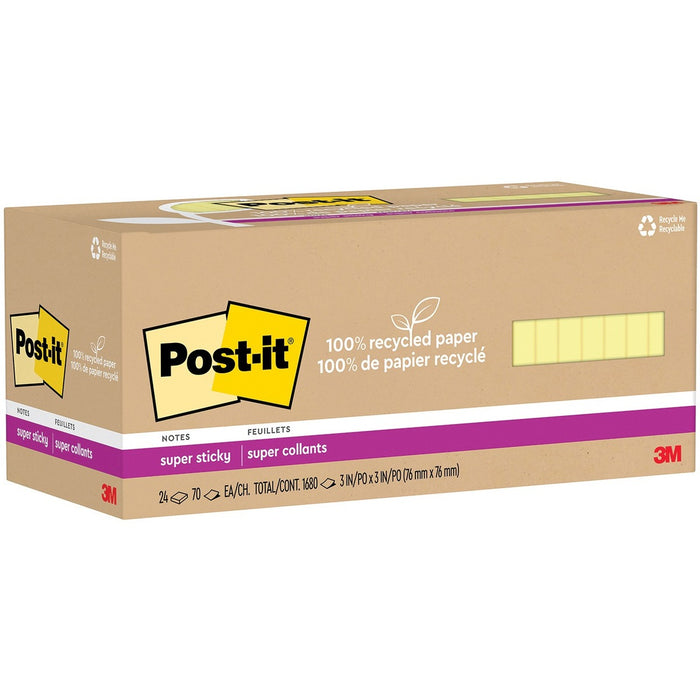 Post-it&reg; Super Sticky Adhesive Note - 3" x 3" - Square - 70 Sheets per Pad - Plain - Canary Yellow - Repositionable, Recyclable - 24 / Pack - Recycled