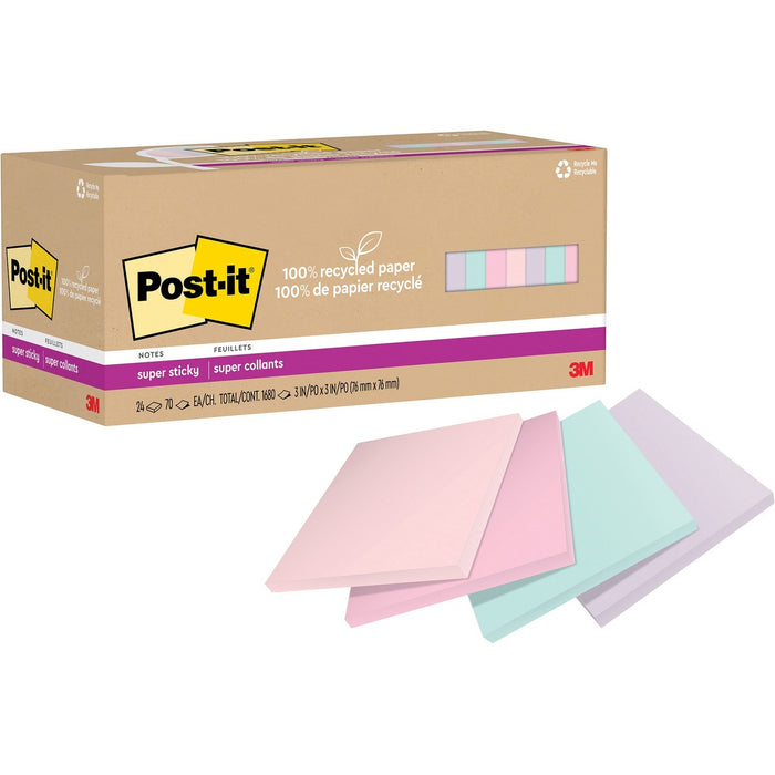 Post-it&reg; Super Sticky Adhesive Note - 3" x 3" - Square - 70 Sheets per Pad - Plain - Wanderlust Pastels - Repositionable, Recyclable - 24 / Pack - Recycled