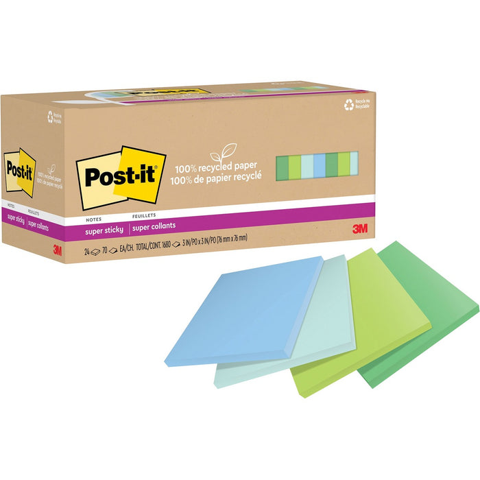 Post-it&reg; Super Sticky Adhesive Note - 3" x 3" - Square - 70 Sheets per Pad - Plain - Oasis - Repositionable, Recyclable - 24 / Pack - Recycled