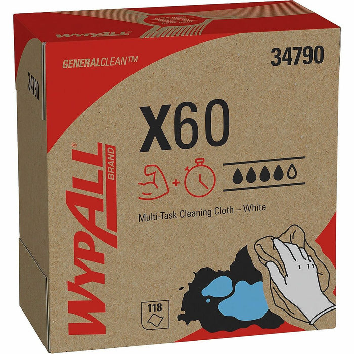 Wypall GeneralClean X60 Multi-Task Cleaning Cloths - Pop-Up Box - 8.3" x 16.8" - White - Hydroknit - Lightweight, Absorbent, Residue-free, Durable, Strong, Reinforced - For General Purpose - 118 / Box