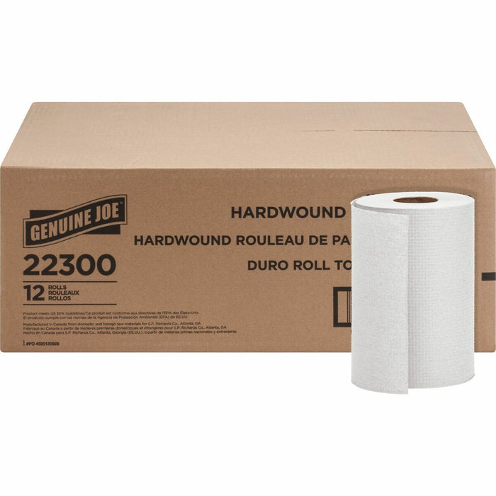 Genuine Joe Hardwound Roll Paper Towels - 7.9" x 350 ft - 2" (50.80 mm) Core - White - Absorbent, Embossed - For Restroom - 12 / Carton